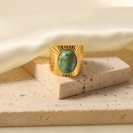 18K Gold Plated Inlaid Oval African Turquoise Wide Faceted Open Ring