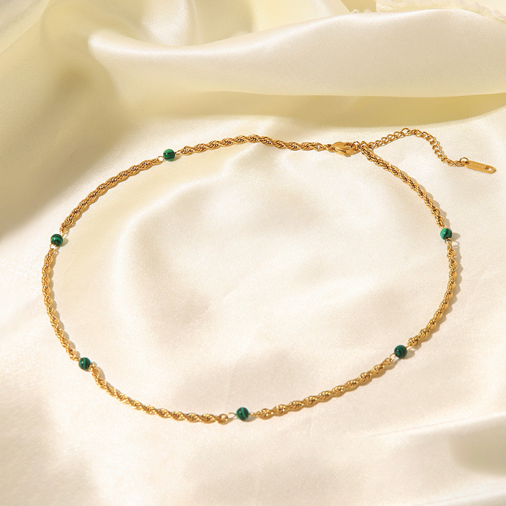 18k Gold Plated Inlaid Natural Green Malachite Twist Chain Style Necklace