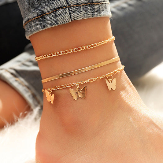 Layered Chain Butterfly Pendant Anklet Set