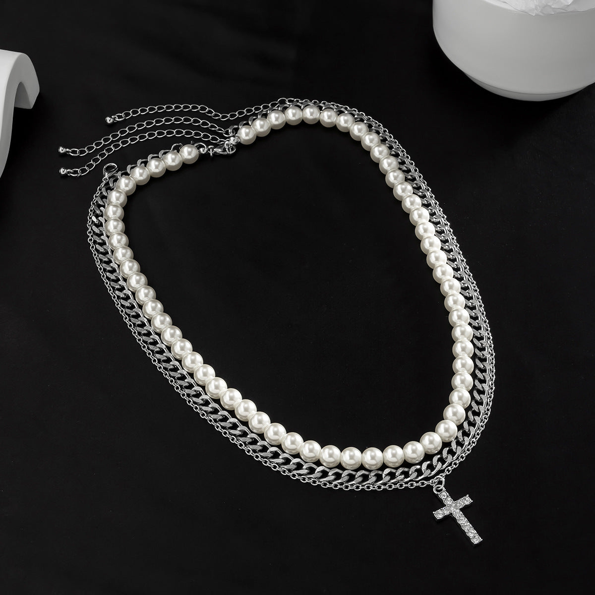 Fashionable Three-Layer Diamond Cross with Pearl Pendant Necklace