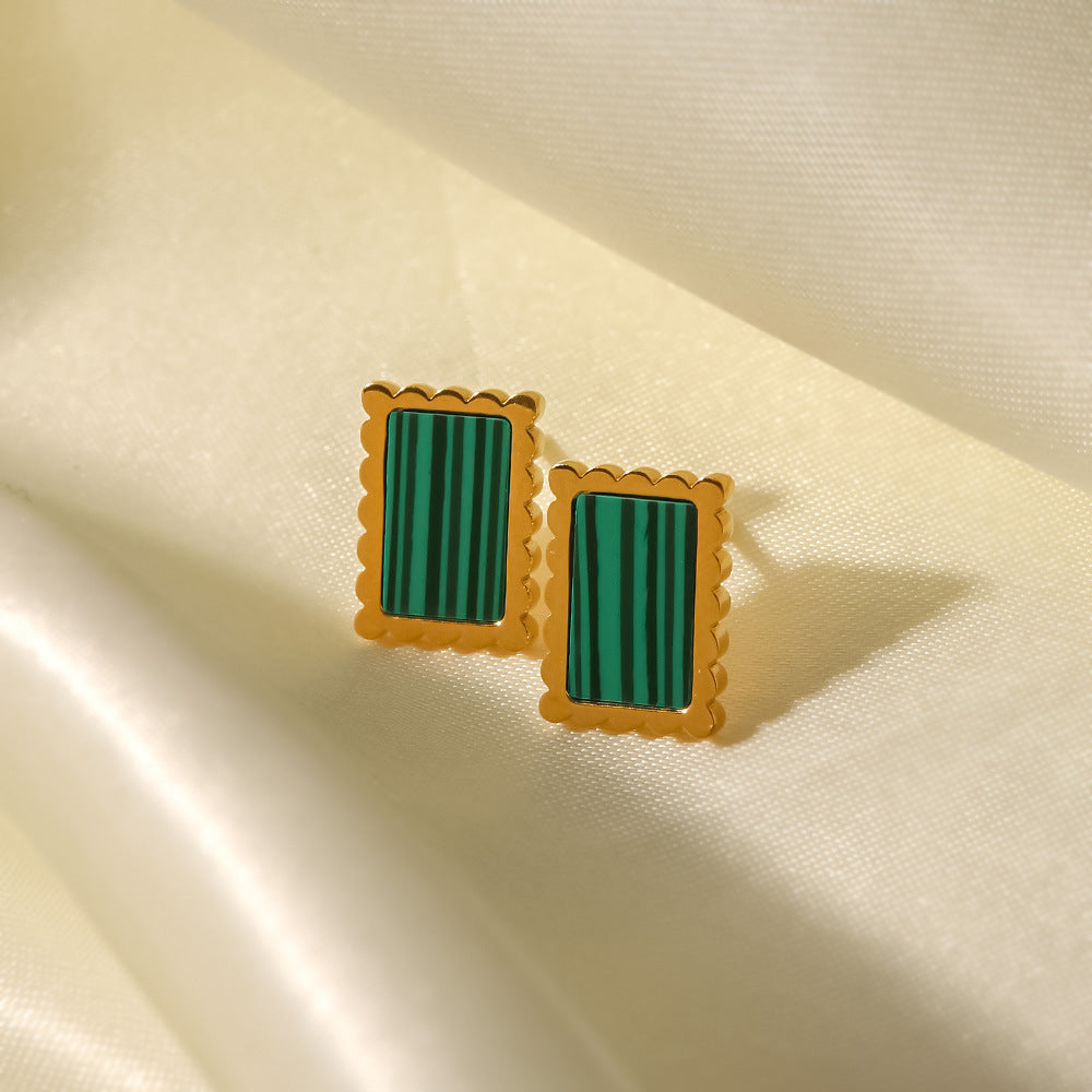 18K Gold Plated Inlaid Malachite/White Shell Square Earrings