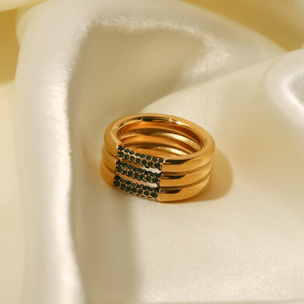 18K Gold Plated Inlaid White/Green Diamond Three-Layer Versatile Ring