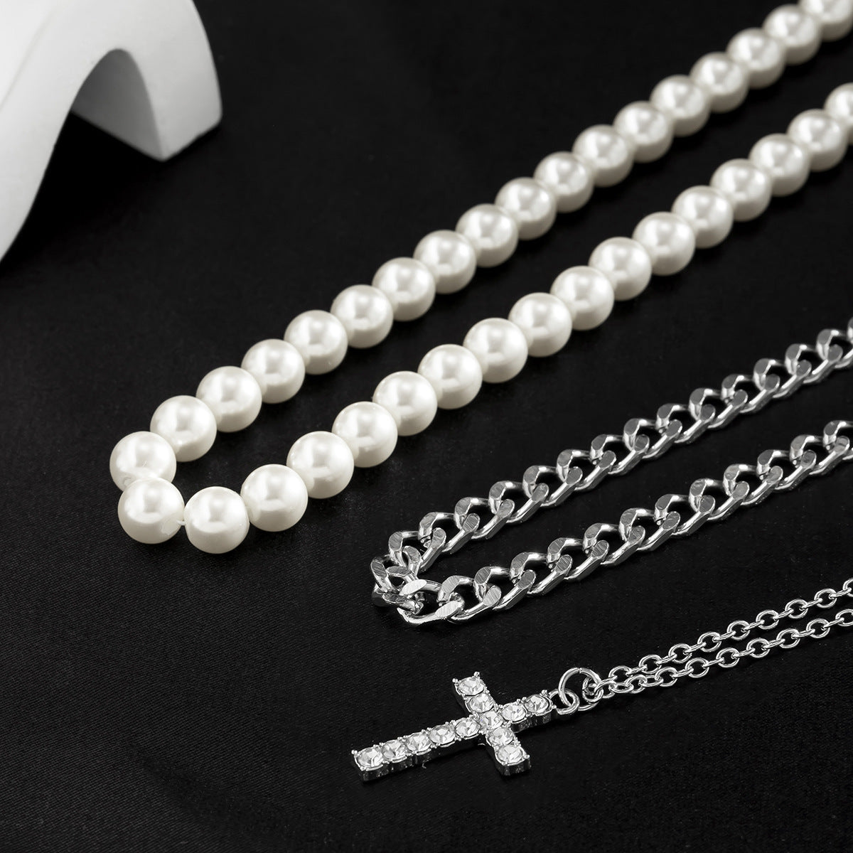 Fashionable Three-Layer Diamond Cross with Pearl Pendant Necklace