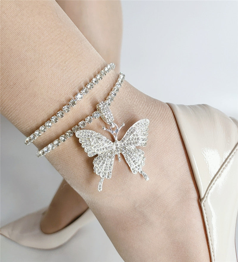 Diamond Butterfly Pendant Double Anklet
