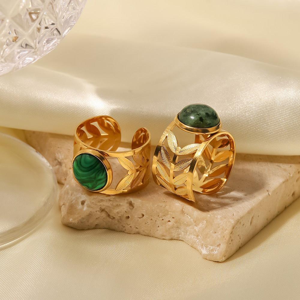 18K Gold Plated Inlaid Green Malachite Openwork Leaf Ring