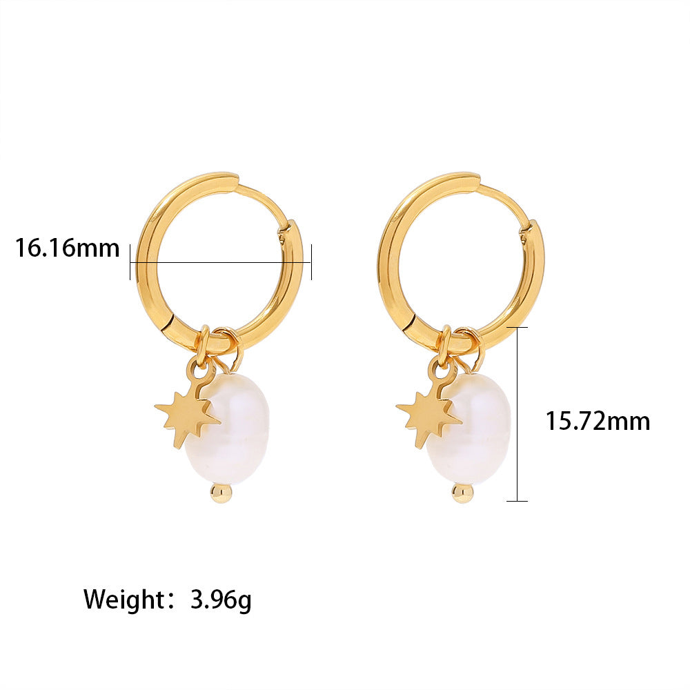 18k Gold Plated Inlaid Natural Freshwater Pearl Star Pendant Earrings