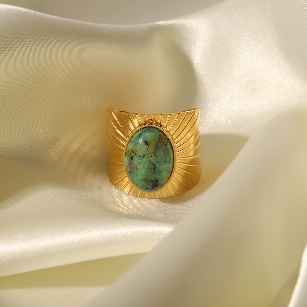 18K Gold Plated Inlaid Oval African Turquoise Wide Faceted Open Ring